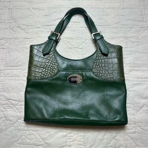 Hidesign Genuine Leather Shoulder Bag | Croc-Embossed Green Structured Purse